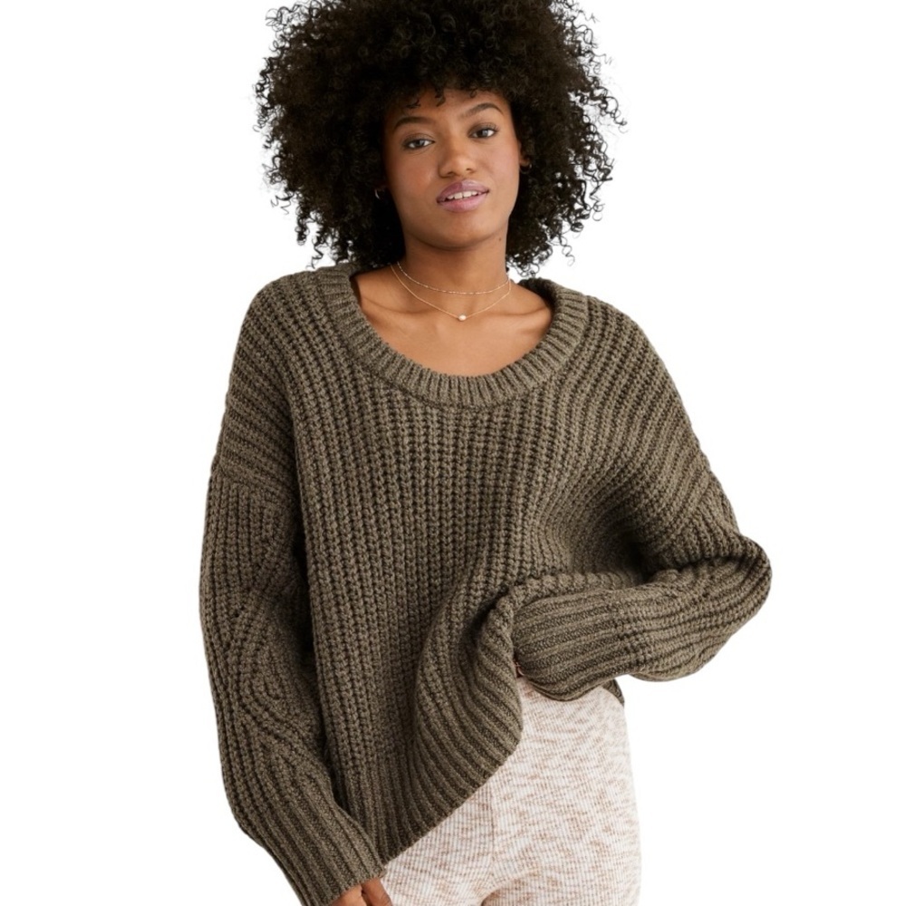 Aerie Heavy knit crewneck boxy Oversized Tan Sweater SZ S
